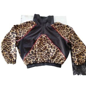 Terez Size Small Leopard Print Colorblock Zip Up Mock Neck Pullover Top